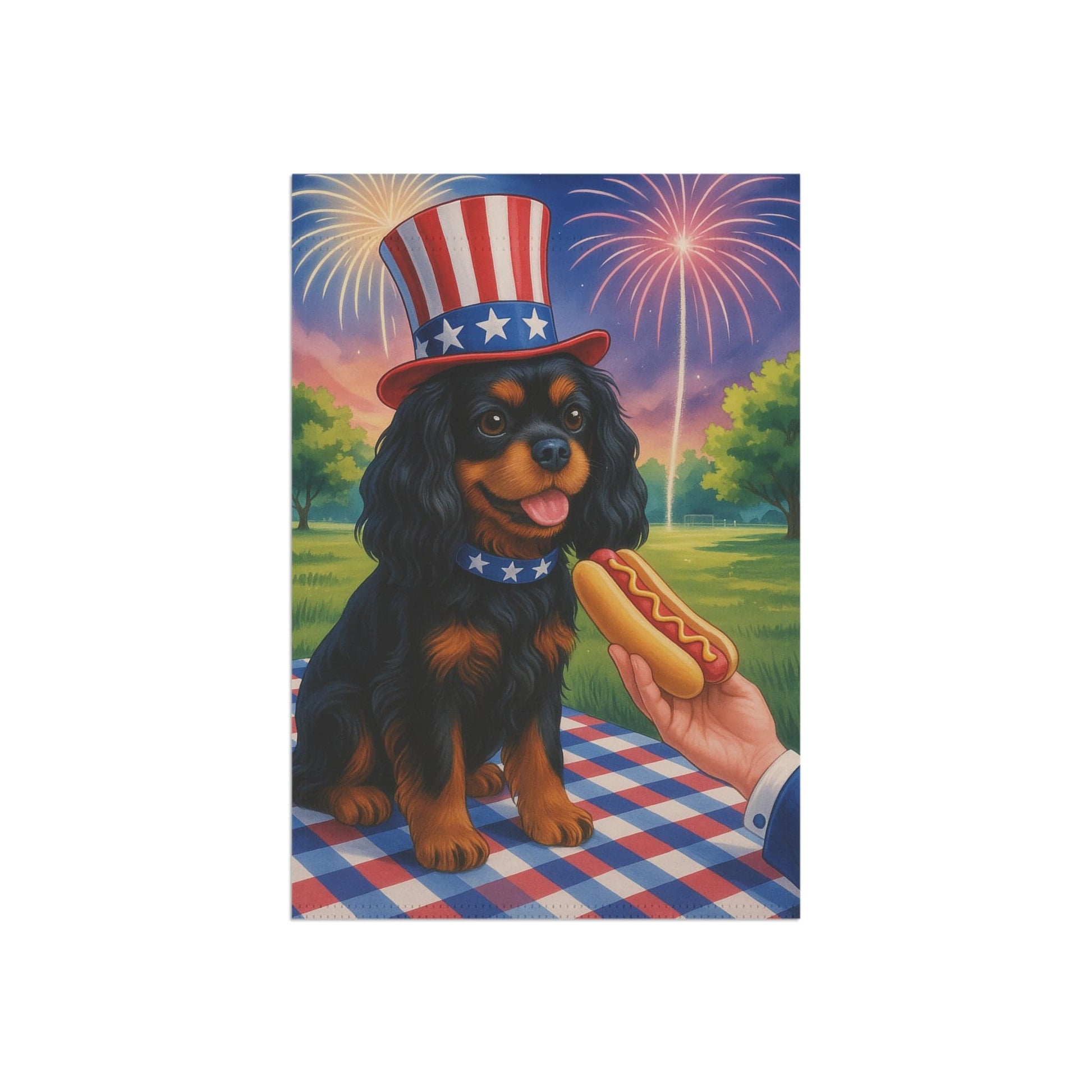 Printify Garden Flag Black Tan King Charles Cavalier 4th of July Garden Flag