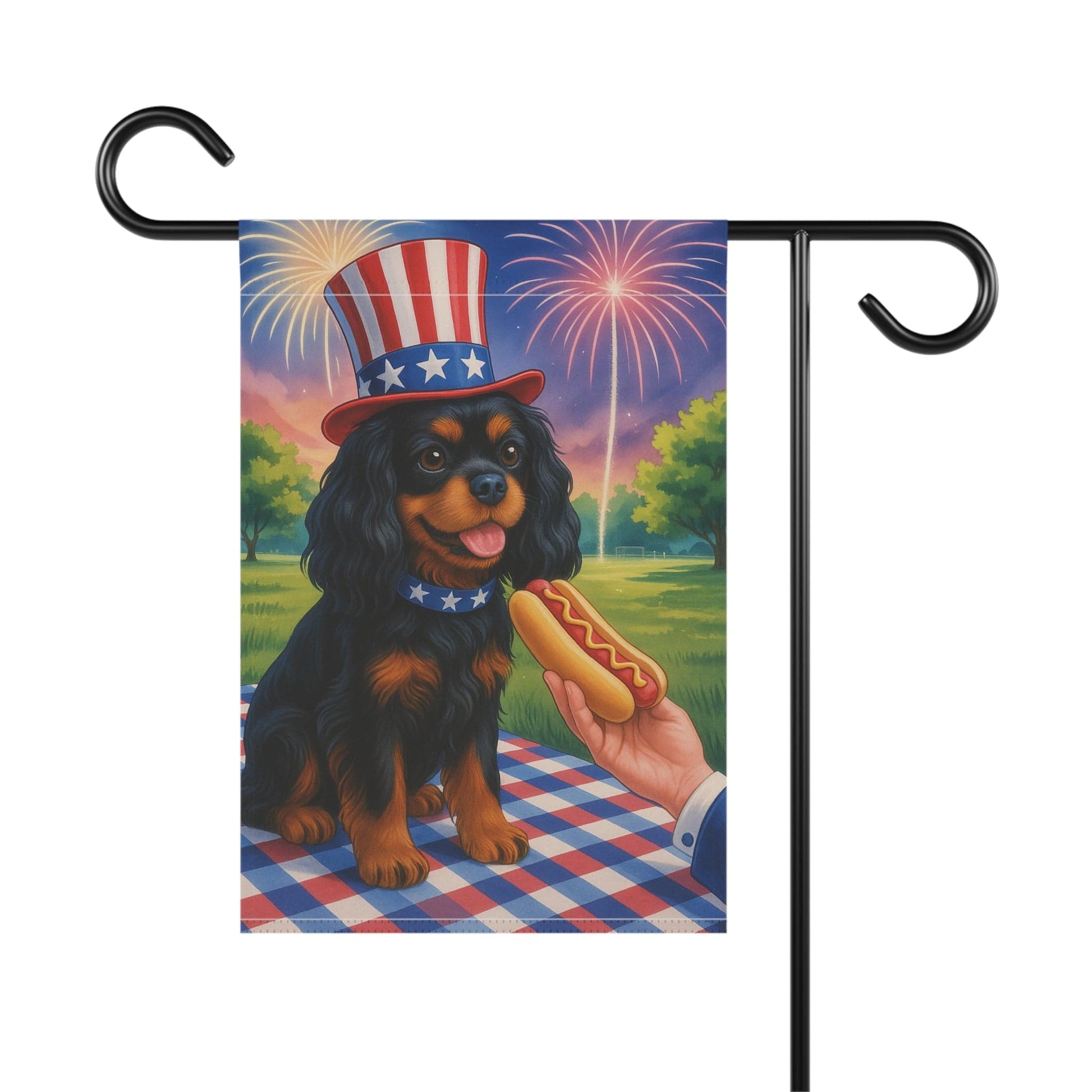 Printify Garden Flag Black Tan King Charles Cavalier 4th of July Garden Flag