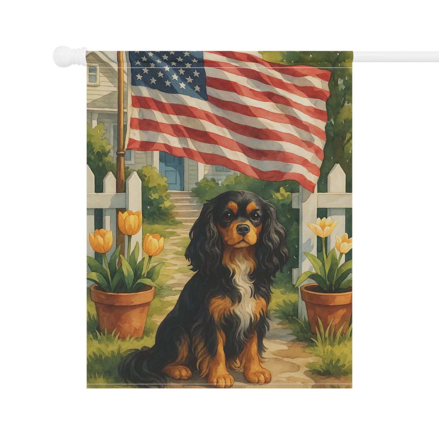 Printify Garden Flag Black Tan King Charles Cavalier American Garden Flag