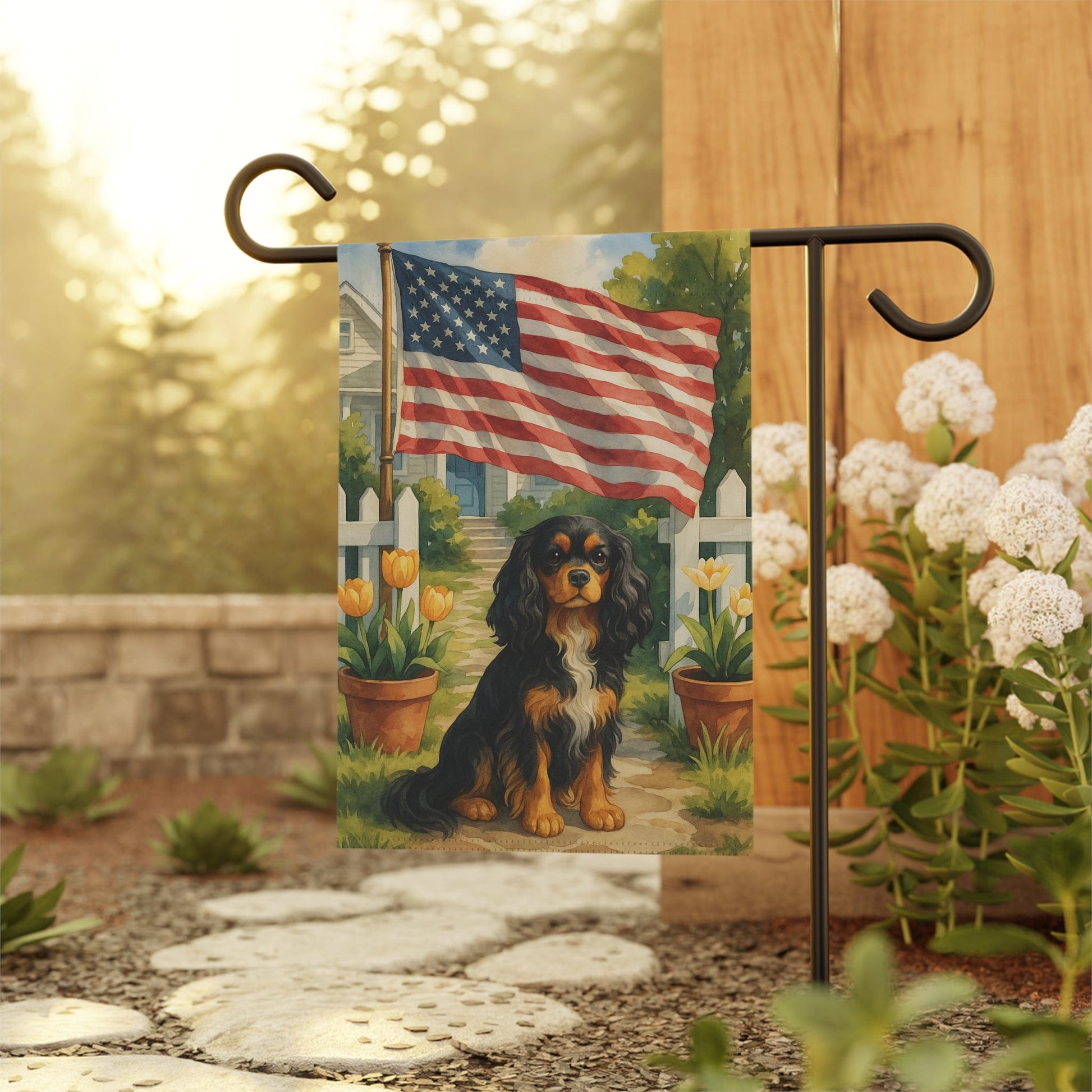 Printify Garden Flag Black Tan King Charles Cavalier American Garden Flag
