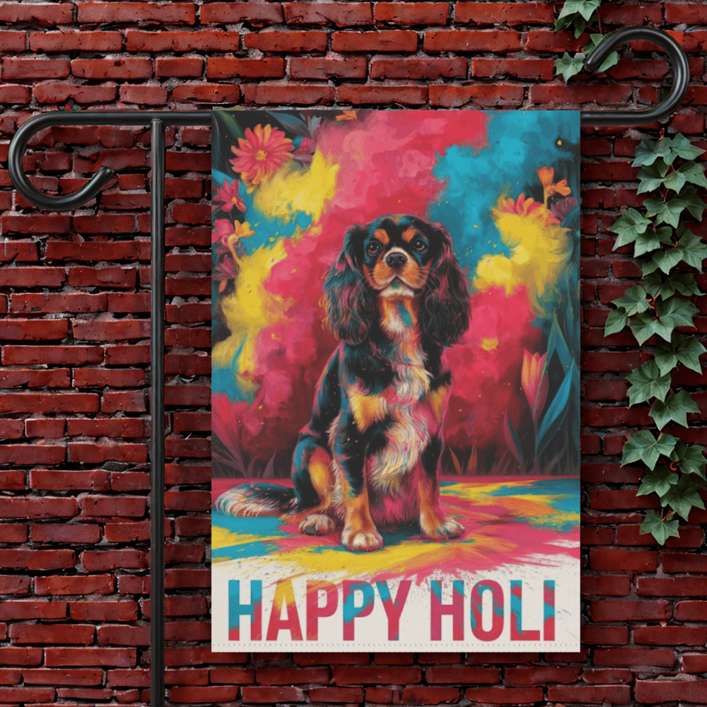 Printify Garden Flag 12'' × 18'' Black Tan King Charles Cavalier Holi Festival Garden Flag