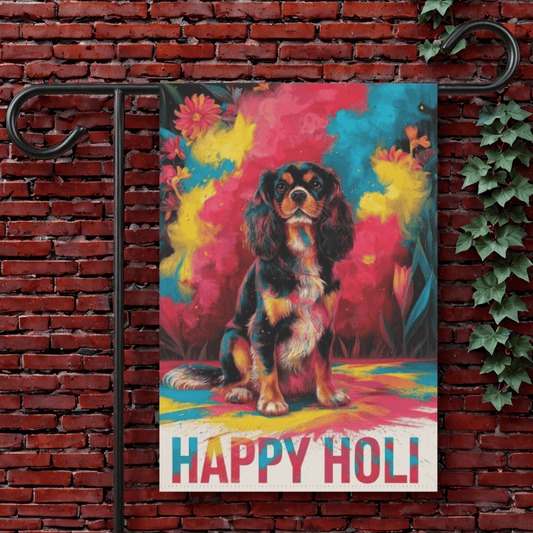 Printify Garden Flag 12'' × 18'' Black Tan King Charles Cavalier Holi Festival Garden Flag