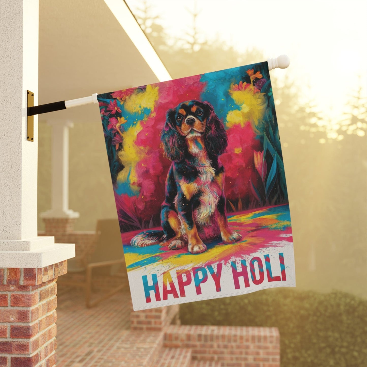 Printify Garden Flag Black Tan King Charles Cavalier Holi Festival Garden Flag