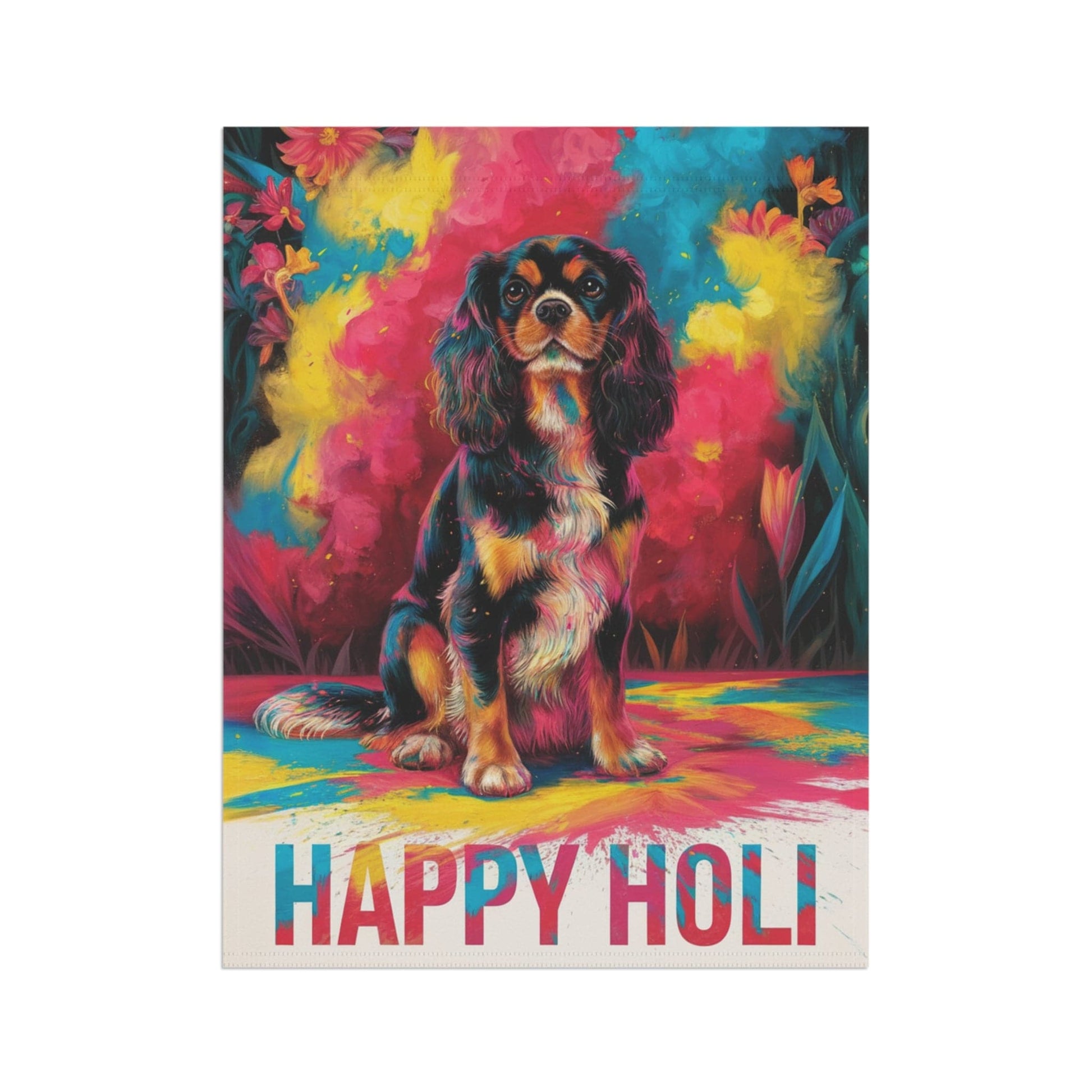Printify Garden Flag Black Tan King Charles Cavalier Holi Festival Garden Flag