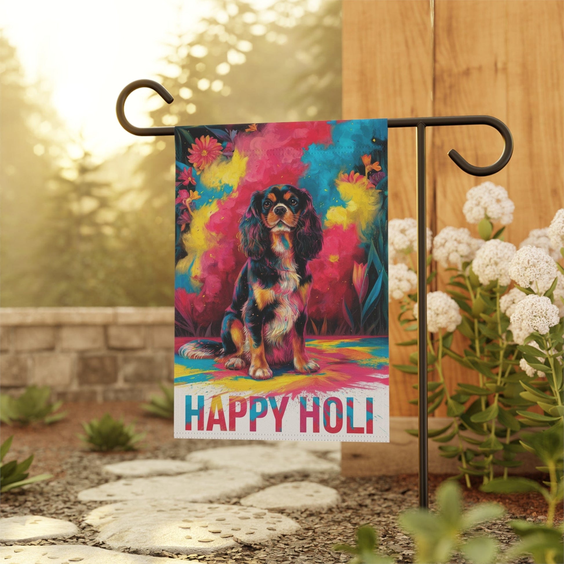 Printify Garden Flag Black Tan King Charles Cavalier Holi Festival Garden Flag