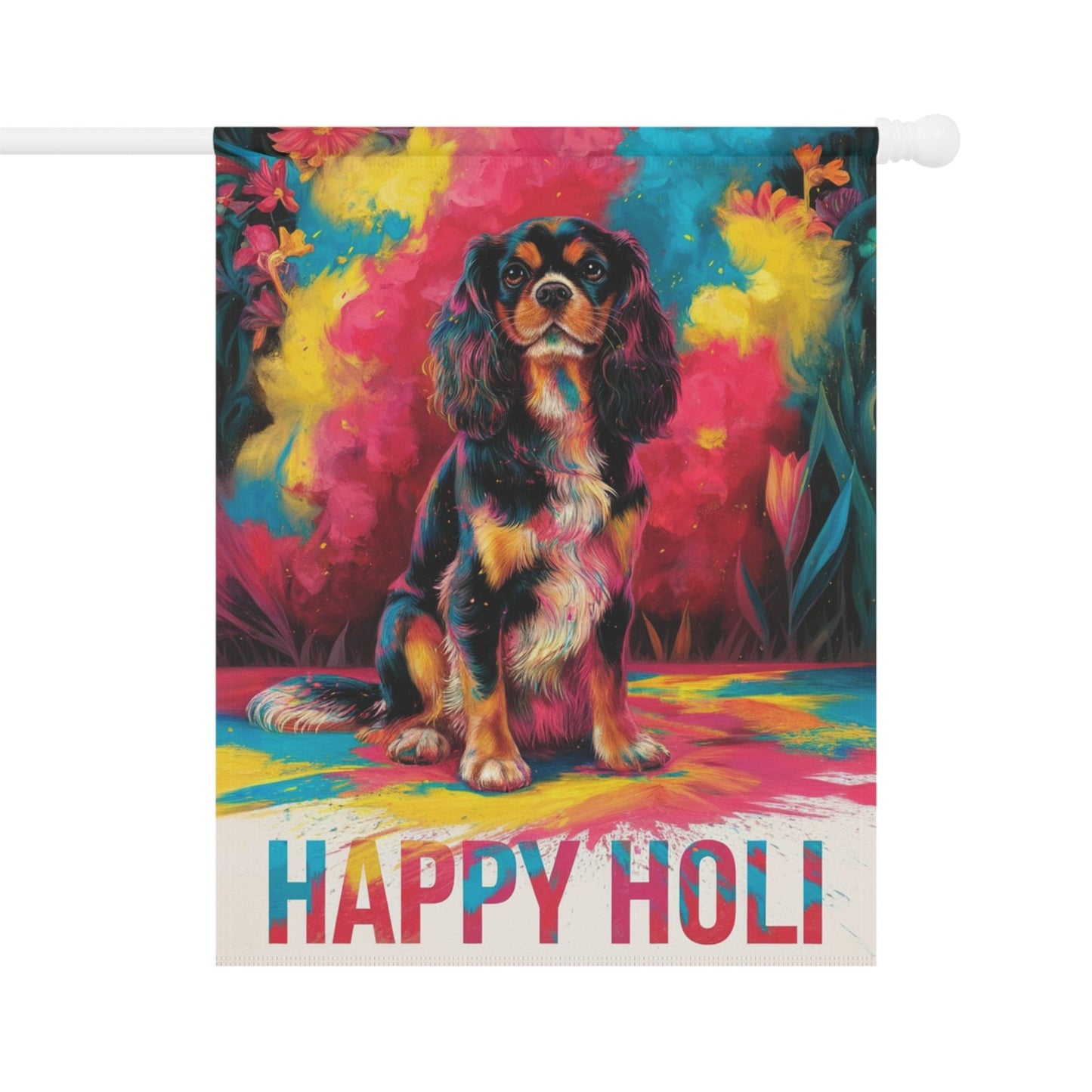 Printify Garden Flag Black Tan King Charles Cavalier Holi Festival Garden Flag