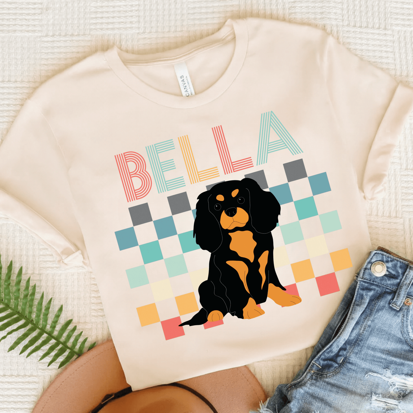 Printify T-Shirt Natural / S Black Tan King Charles Checkered Tee