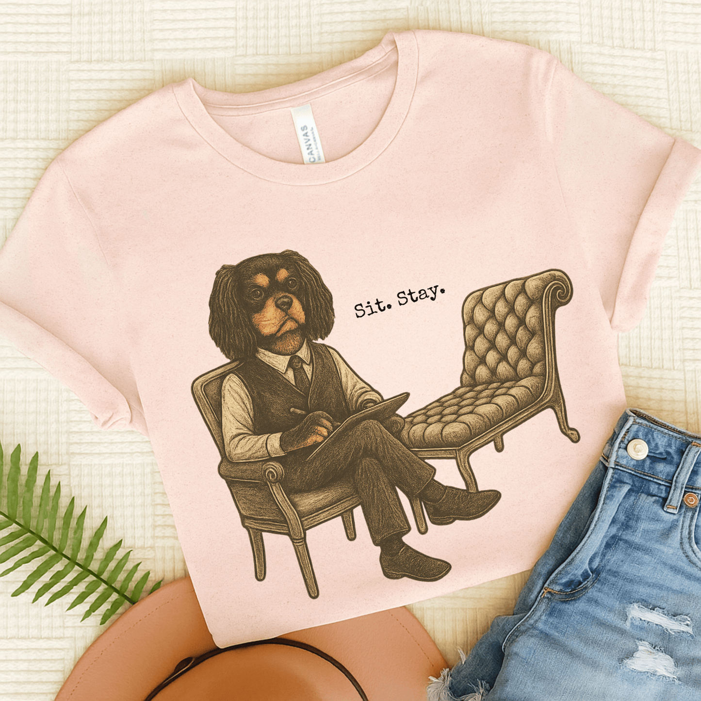 Printify T-Shirt Soft Pink / S Black Tan King Charles Sit Stay TShirt