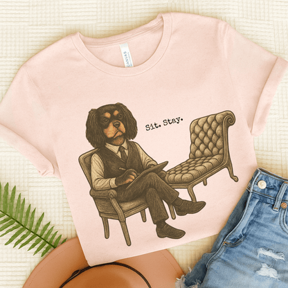 Printify T-Shirt Soft Pink / S Black Tan King Charles Sit Stay TShirt