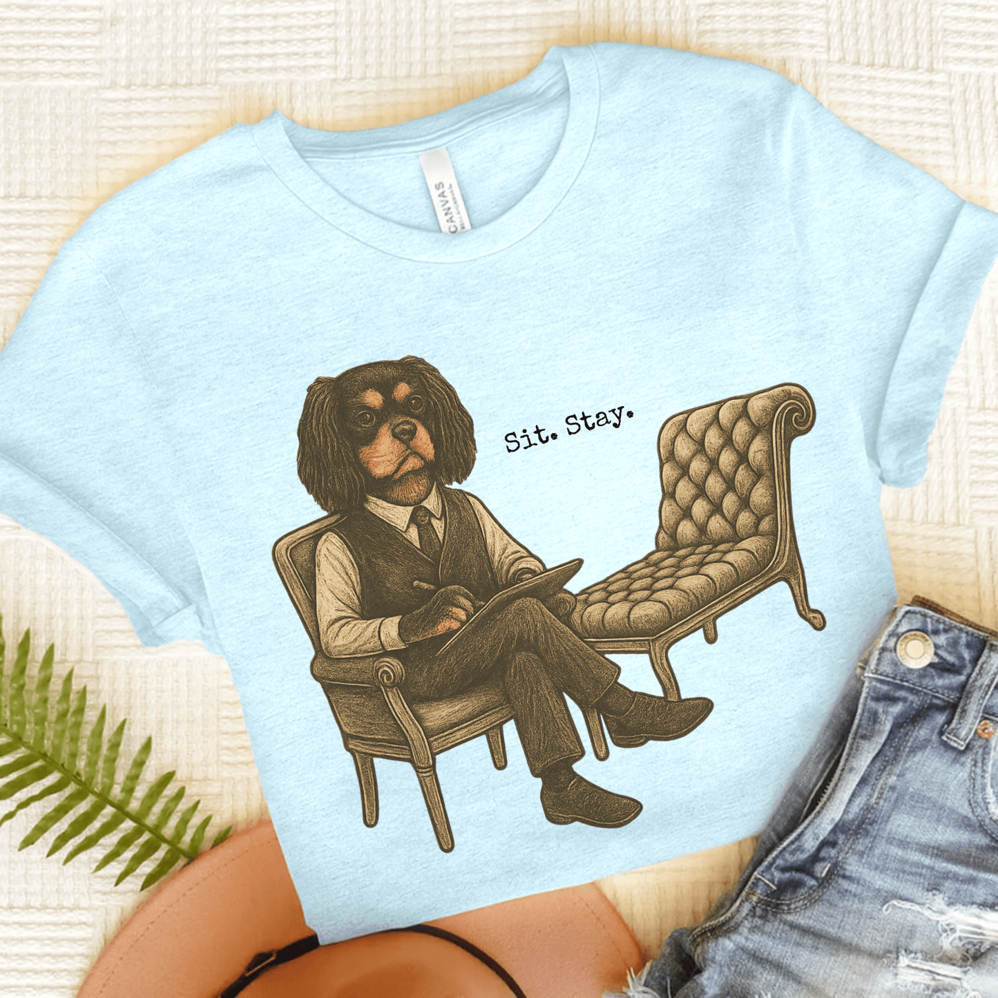 Printify T-Shirt Heather Ice Blue / S Black Tan King Charles Sit Stay TShirt