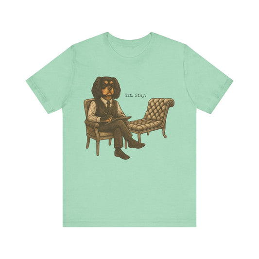 Printify T-Shirt Black Tan King Charles Sit Stay TShirt