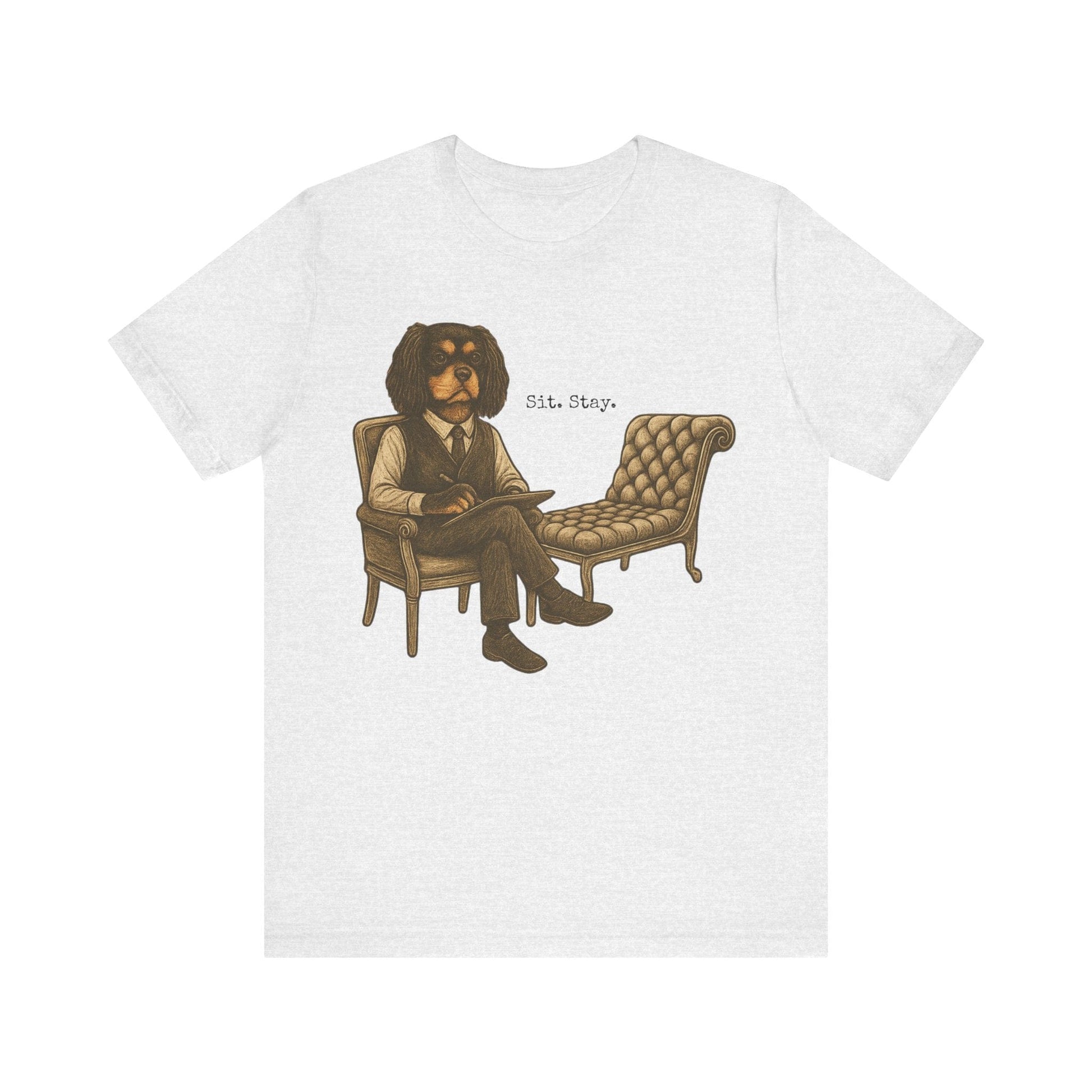 Printify T-Shirt Black Tan King Charles Sit Stay TShirt