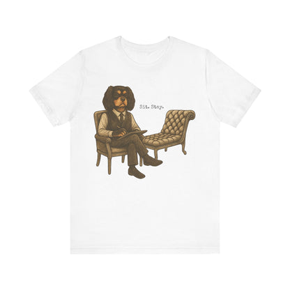 Printify T-Shirt Black Tan King Charles Sit Stay TShirt