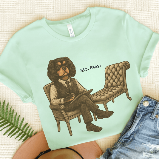 Printify T-Shirt Heather Mint / S Black Tan King Charles Sit Stay TShirt