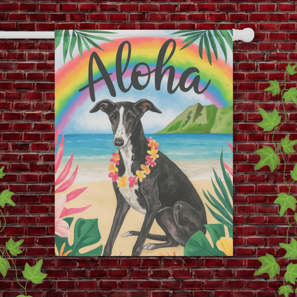 Printify Garden Flag 24.5'' × 32'' Black White Greyhound Dog Aloha Luau Garden Flag