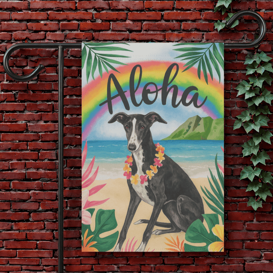Printify Garden Flag 12'' × 18'' Black White Greyhound Dog Aloha Luau Garden Flag