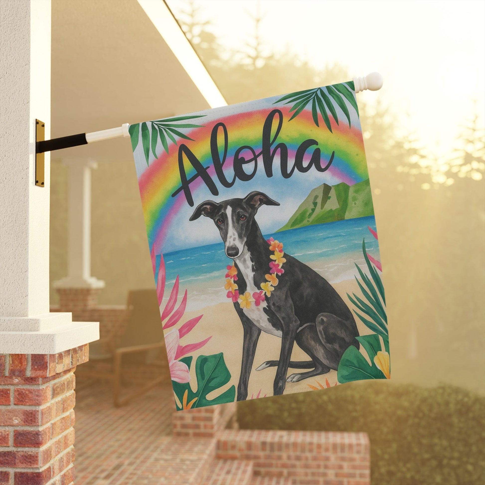 Printify Garden Flag Black White Greyhound Dog Aloha Luau Garden Flag