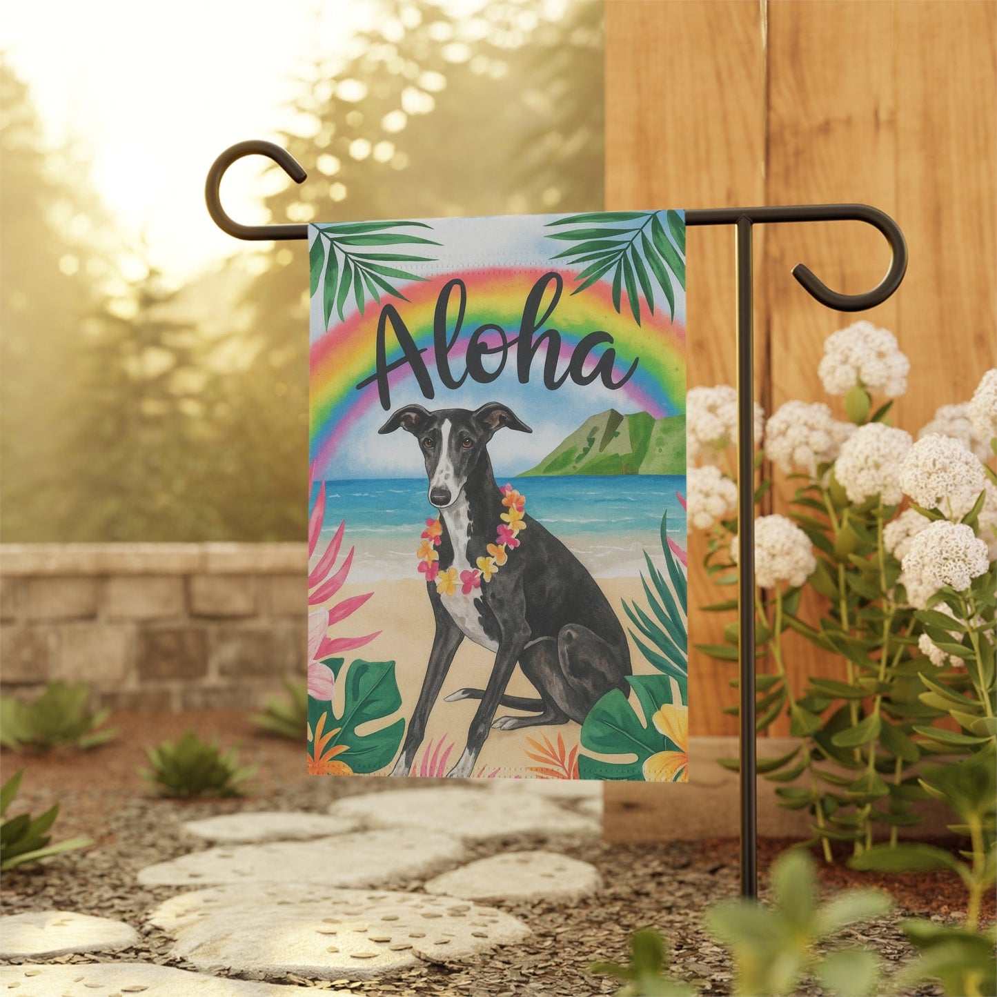 Printify Garden Flag Black White Greyhound Dog Aloha Luau Garden Flag