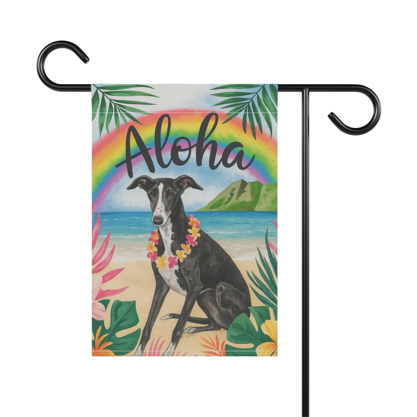 Printify Garden Flag Black White Greyhound Dog Aloha Luau Garden Flag