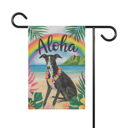 Printify Garden Flag Black White Greyhound Dog Aloha Luau Garden Flag