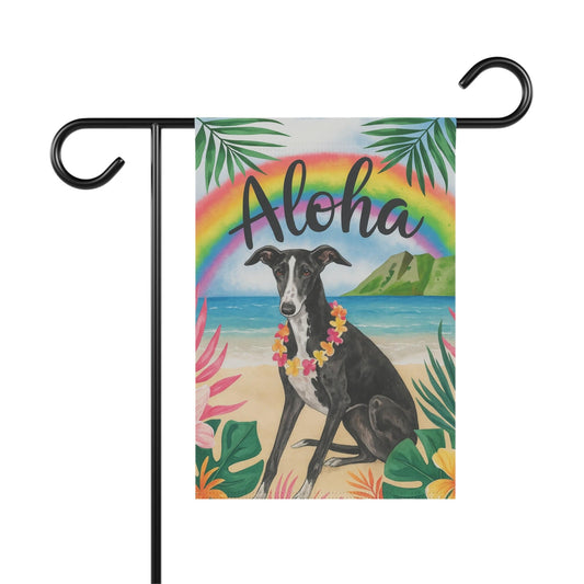 Printify Garden Flag Black White Greyhound Dog Aloha Luau Garden Flag