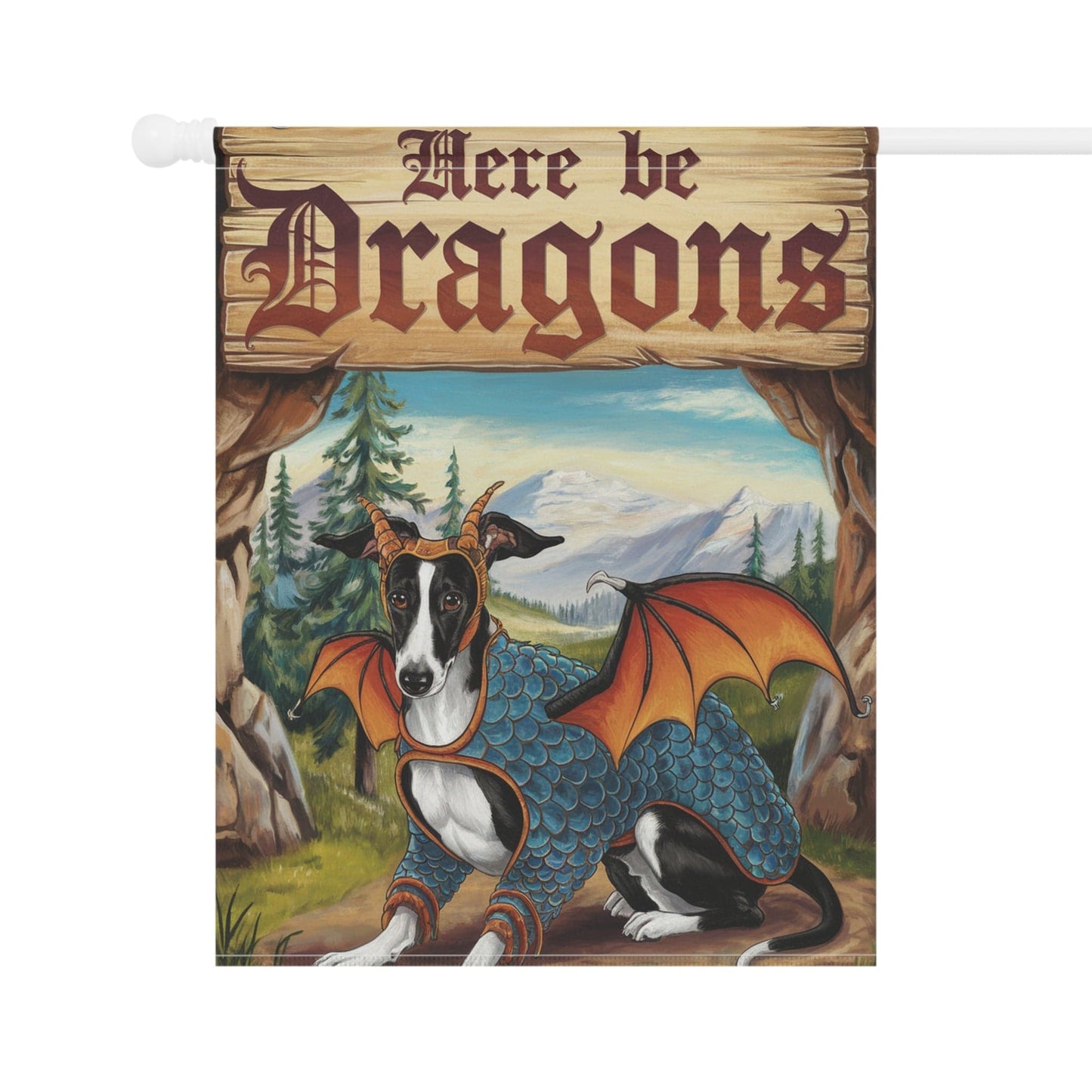 Printify Home Decor Black White Greyhound Dog Dragon, Garden Flag, Fantasy Yard Spring Decor, Housewarming Gardener Gift
