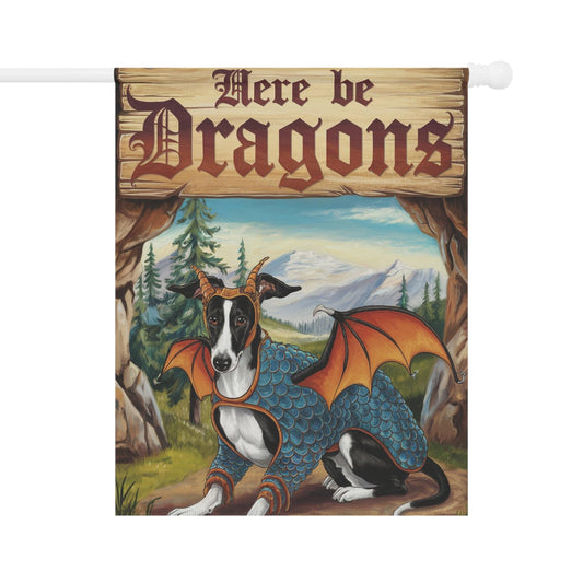 Printify Home Decor 24.5'' × 32'' Black White Greyhound Dog Dragon, Garden Flag, Fantasy Yard Spring Decor, Housewarming Gardener Gift