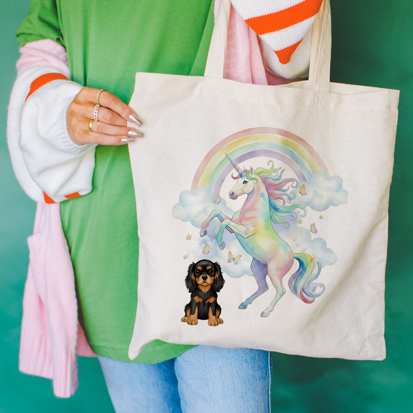 Black Tan Cavalier Watercolor Unicorn Tote Bag Natural 15" x 16"
