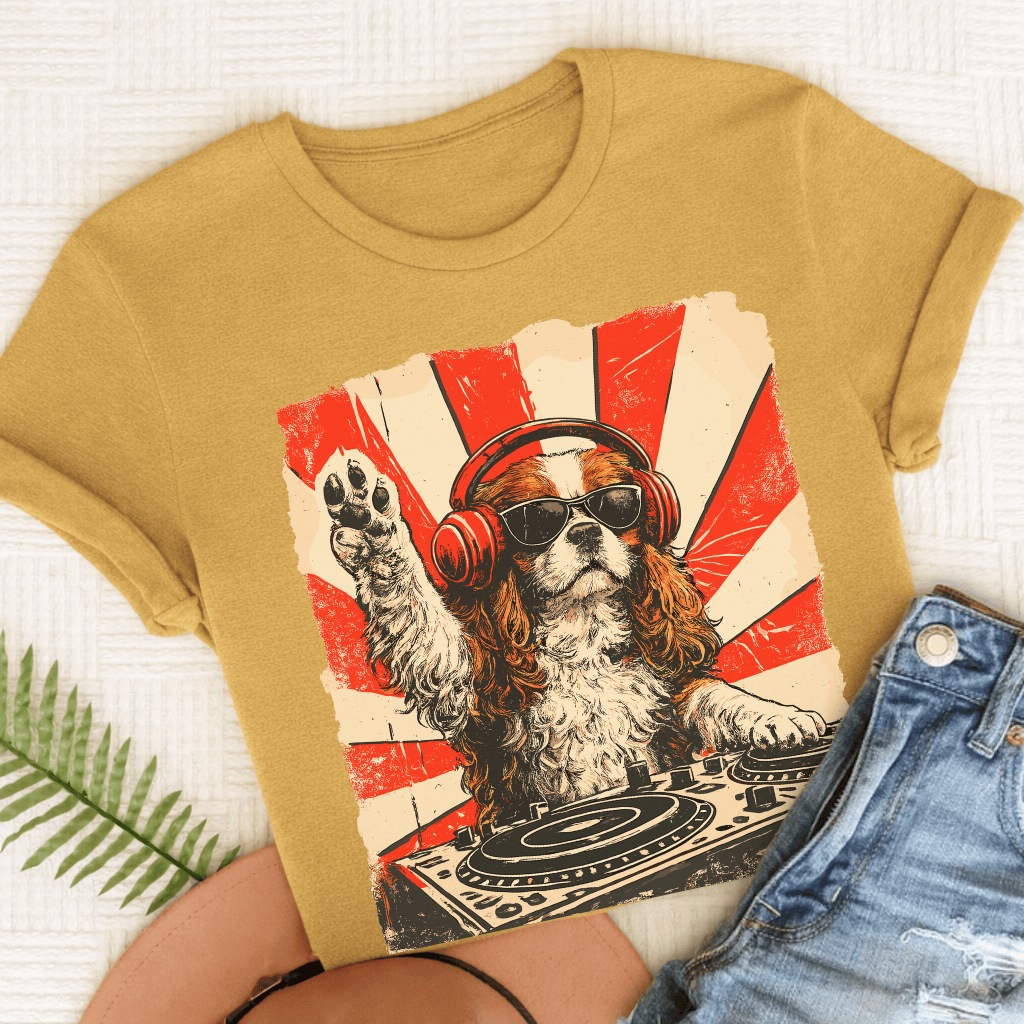 Blenheim Cavalier Funny Music DJ Unisex TShirt Comfort Colors Mustard