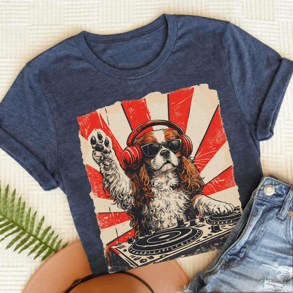 Blenheim Cavalier Funny Music DJ Unisex TShirt Heather Navy