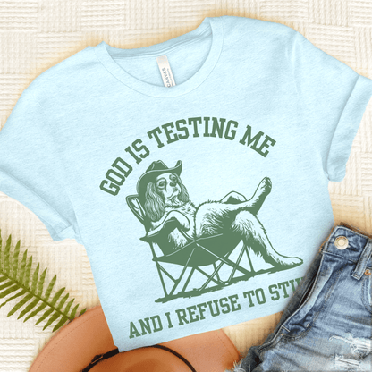 Personalized Cavalier God is Testing Unisex Tshirt Heather Ice Blue