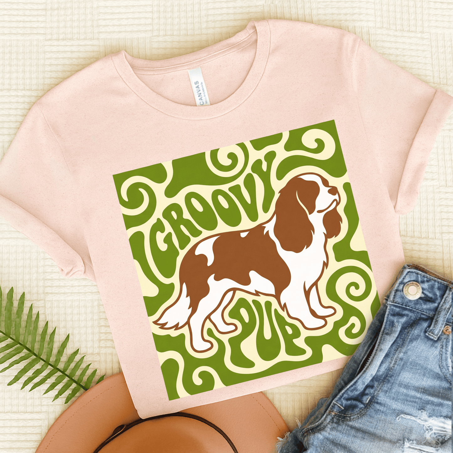 Personalized Cavalier Groovy Pup Unisex Tshirt Soft Pink