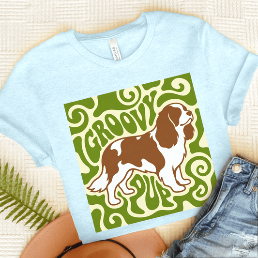 Personalized Cavalier Groovy Pup Unisex Tshirt Heather Ice Blue