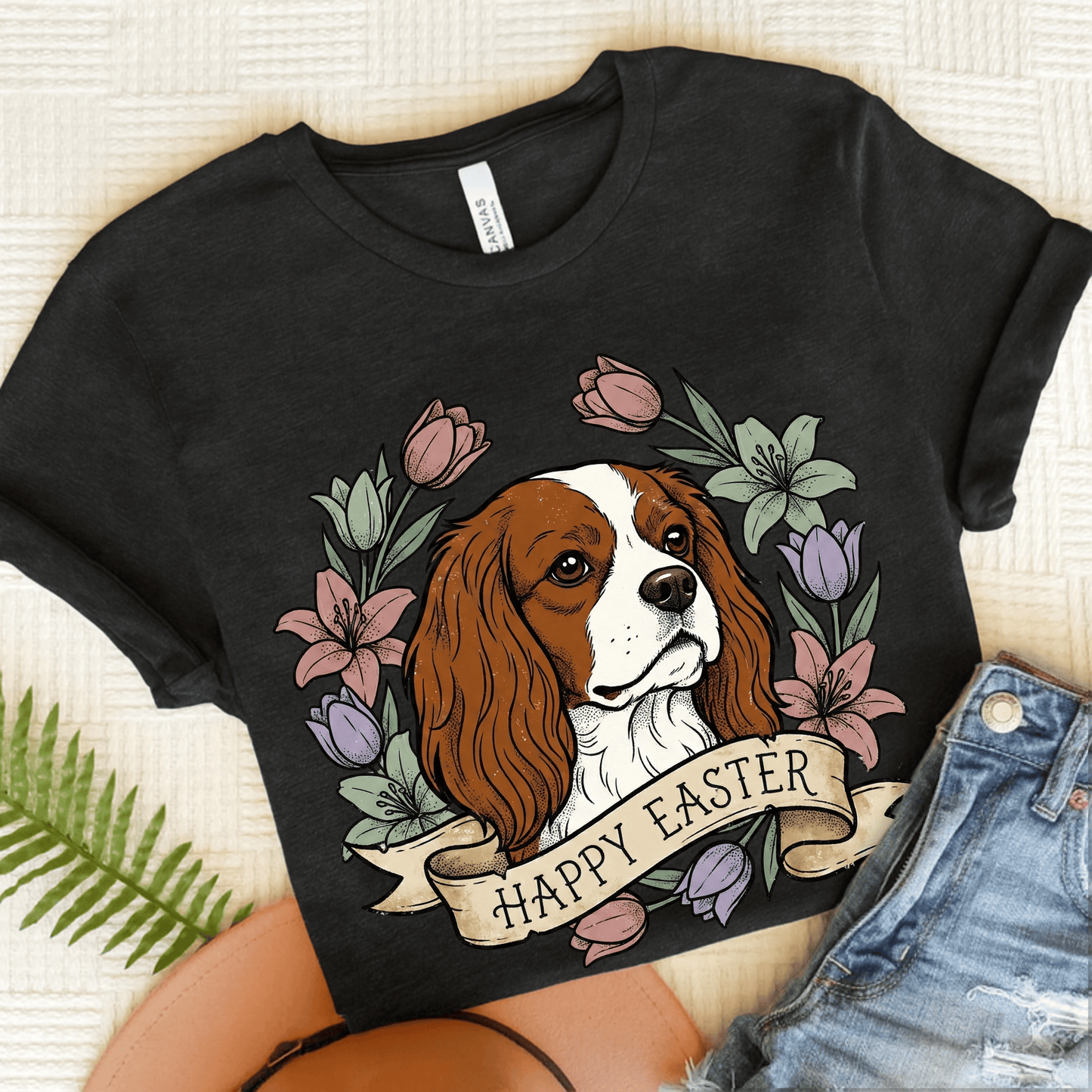 Personalized Cavalier Happy Easter Unisex TShirt Dark Grey Heather