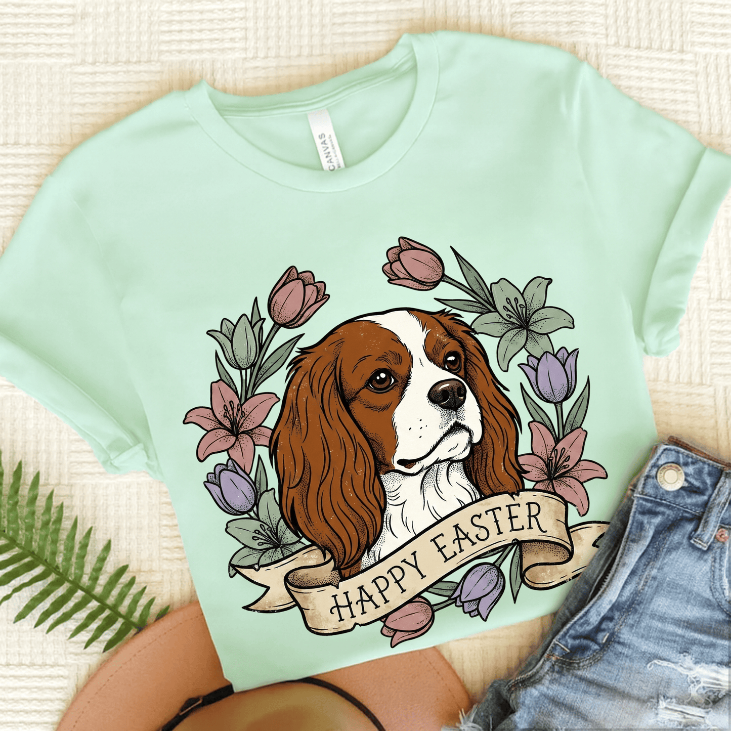 Personalized Cavalier Happy Easter Unisex TShirt Heather Mint
