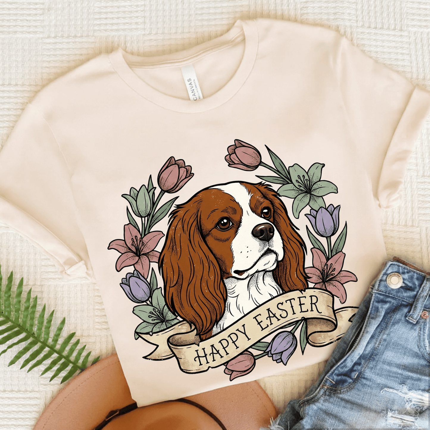 Personalized Cavalier Happy Easter Unisex TShirt Natural