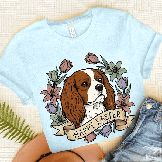 Personalized Cavalier Happy Easter Unisex TShirt Heather Ice Blue