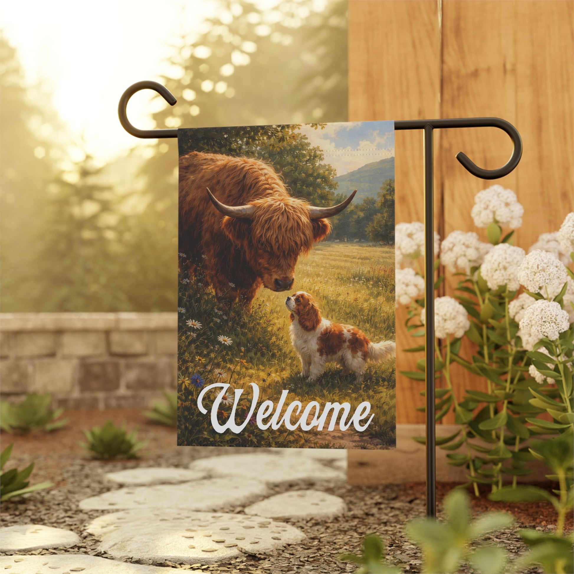 Personalized Cavalier Highland Cows Garden Flag