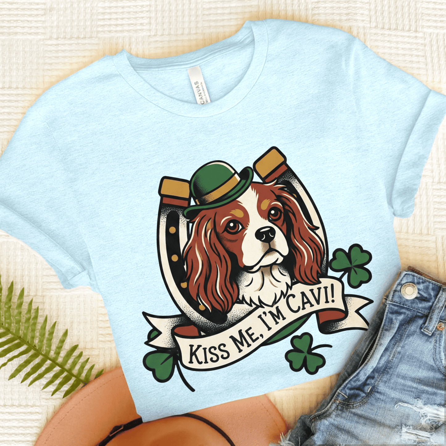 Personalized Cavalier Irish Kiss Me Unisex Tshirt Heather Ice Blue