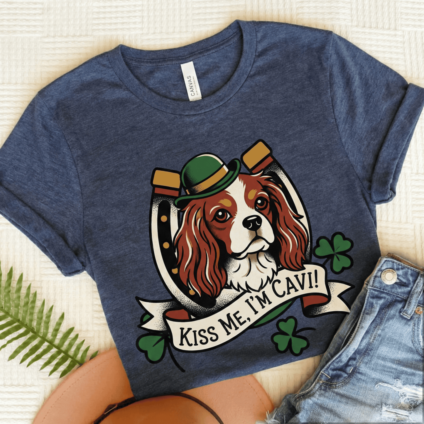 Personalized Cavalier Irish Kiss Me Unisex Tshirt Heather Navy