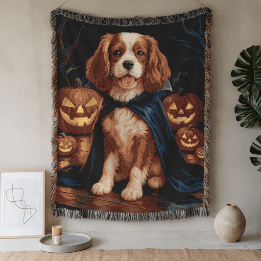 Printify Blanket 52'' × 37'' Blenheim Cavalier King Charles Dog Halloween Woven Blanket