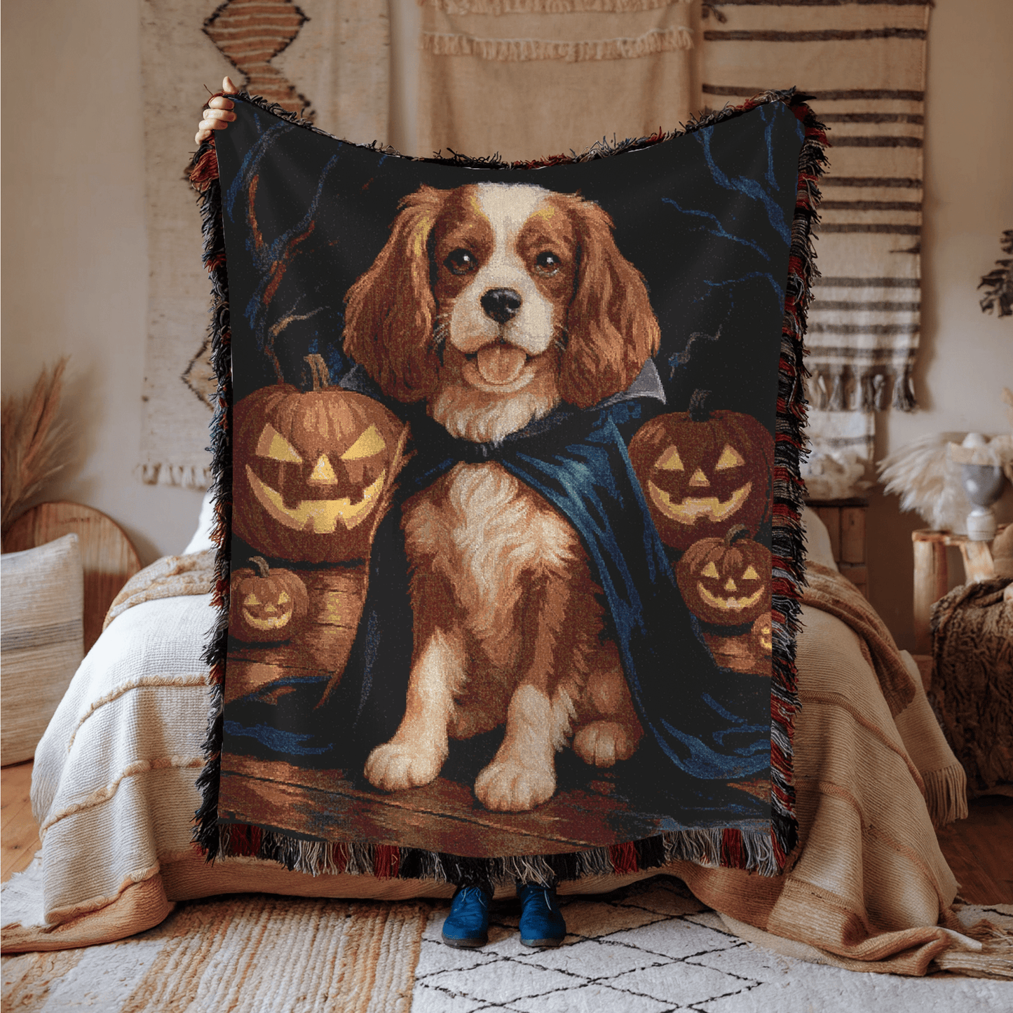 Printify Blanket Blenheim Cavalier King Charles Dog Halloween Woven Blanket
