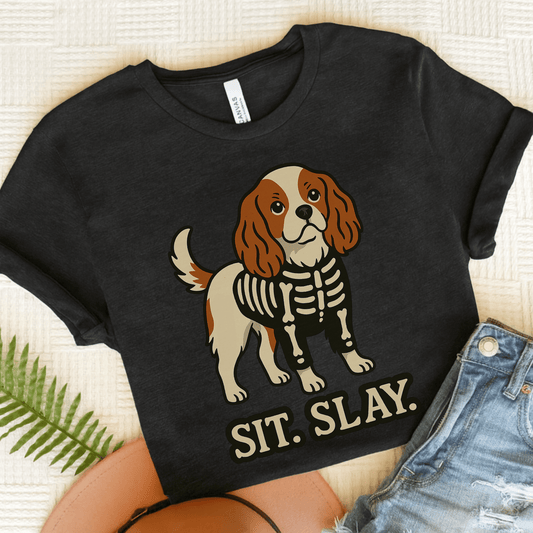 Printify T-Shirt Dark Grey Heather / S Blenheim Cavalier King Charles Stay. Slay. Halloween TShirt