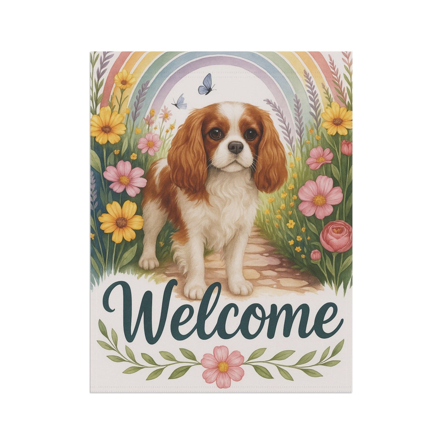 Printify Garden Flag Blenheim Cavalier King Charles Welcome Garden Flag