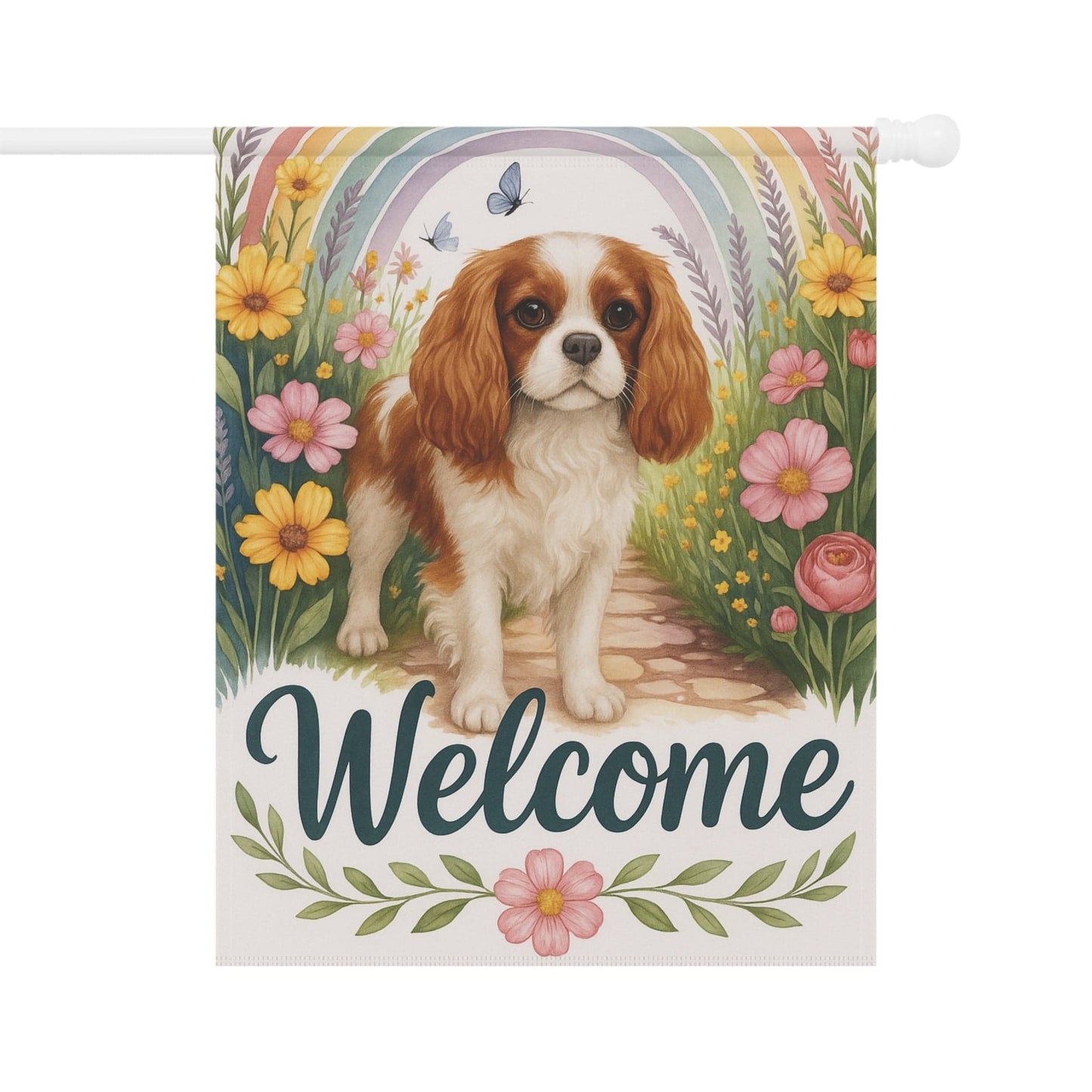 Printify Garden Flag Blenheim Cavalier King Charles Welcome Garden Flag