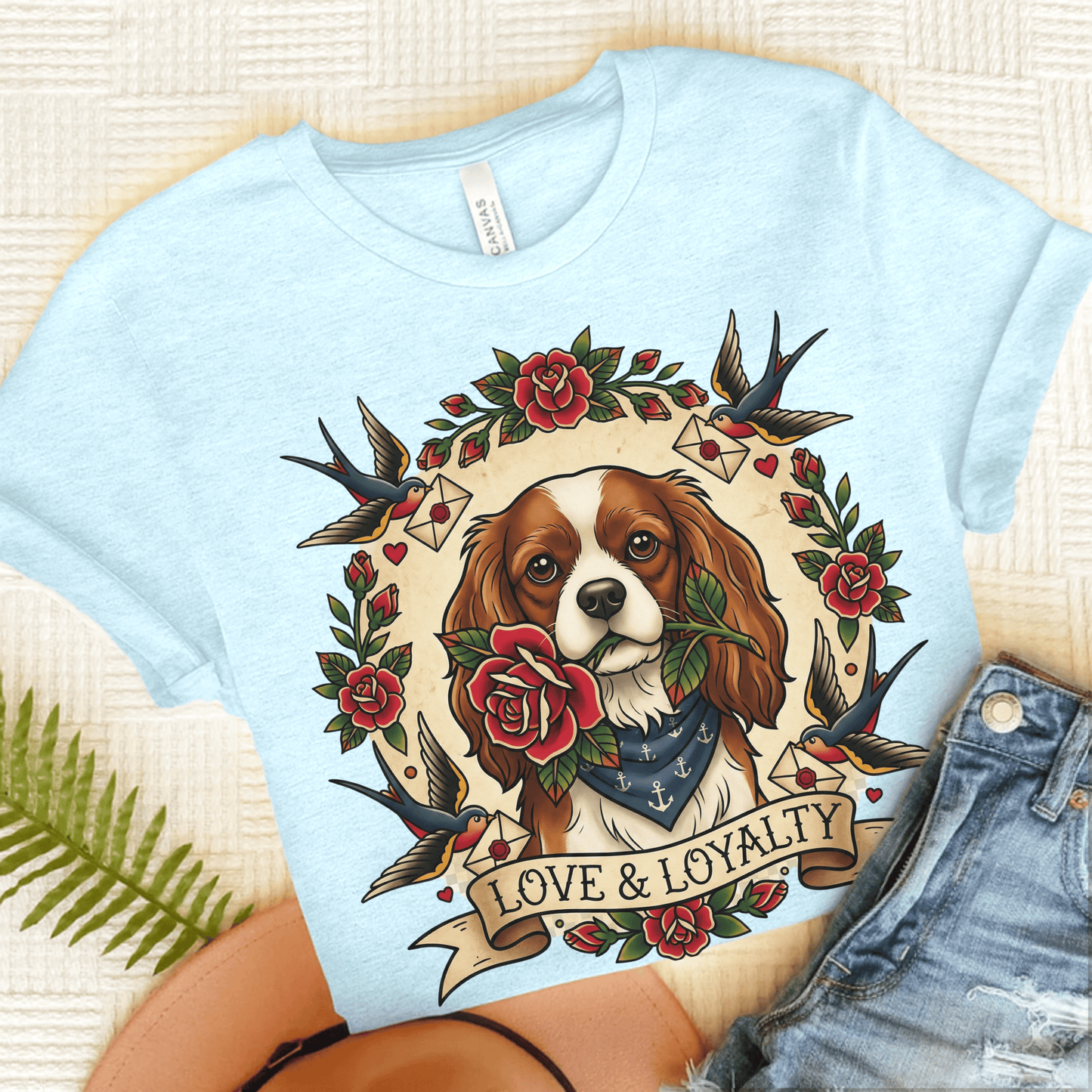 Personalized Cavalier Vintage Tattoo Unisex TShirt Heather Ice Blue