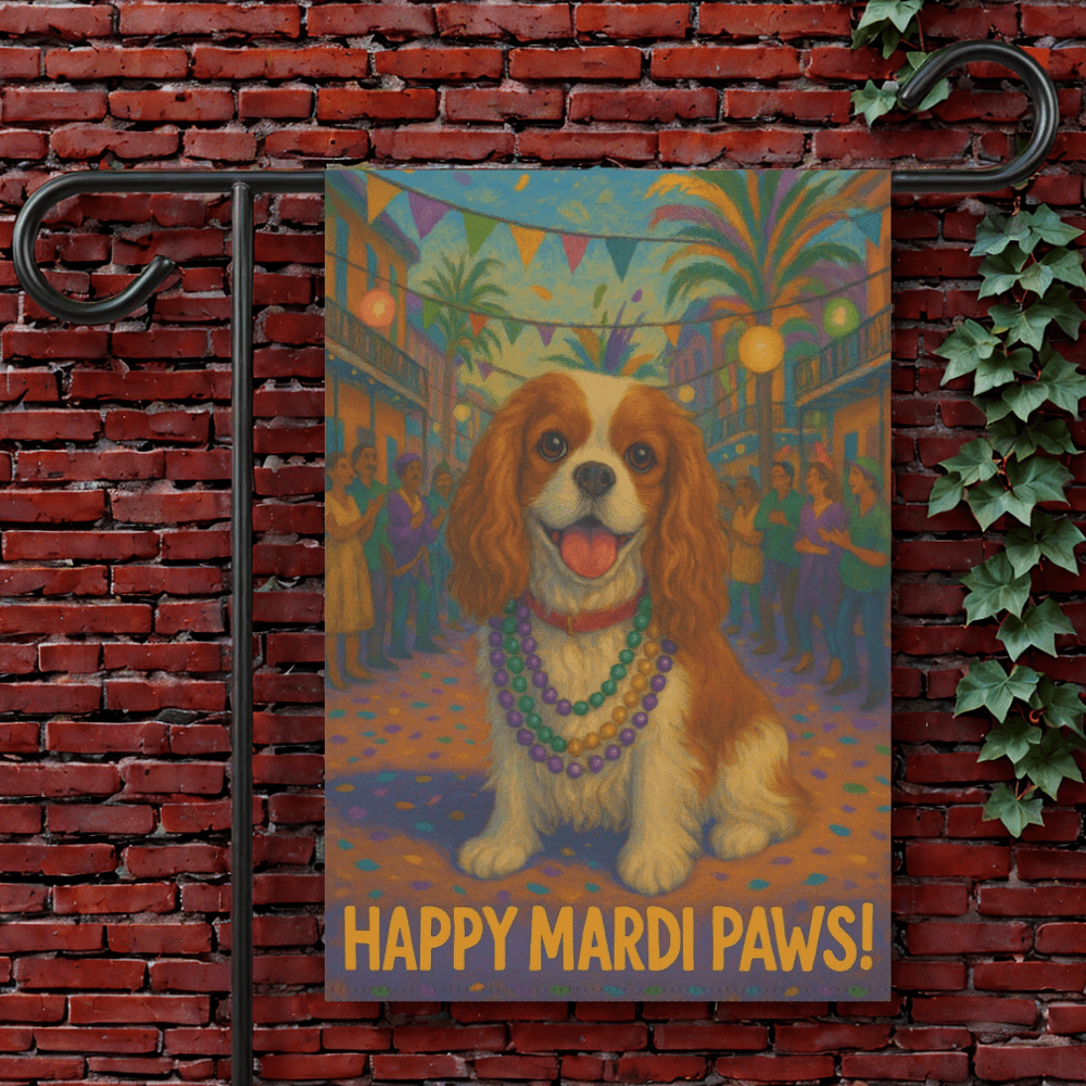 Blenheim Cavalier Mardi Gras Paws Garden Flag 12'' × 18''