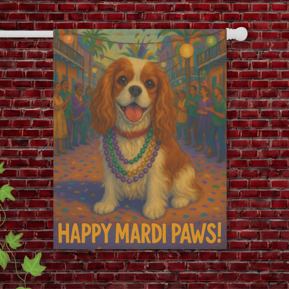 Blenheim Cavalier Mardi Gras Paws Garden Flag 24.5'' × 32''