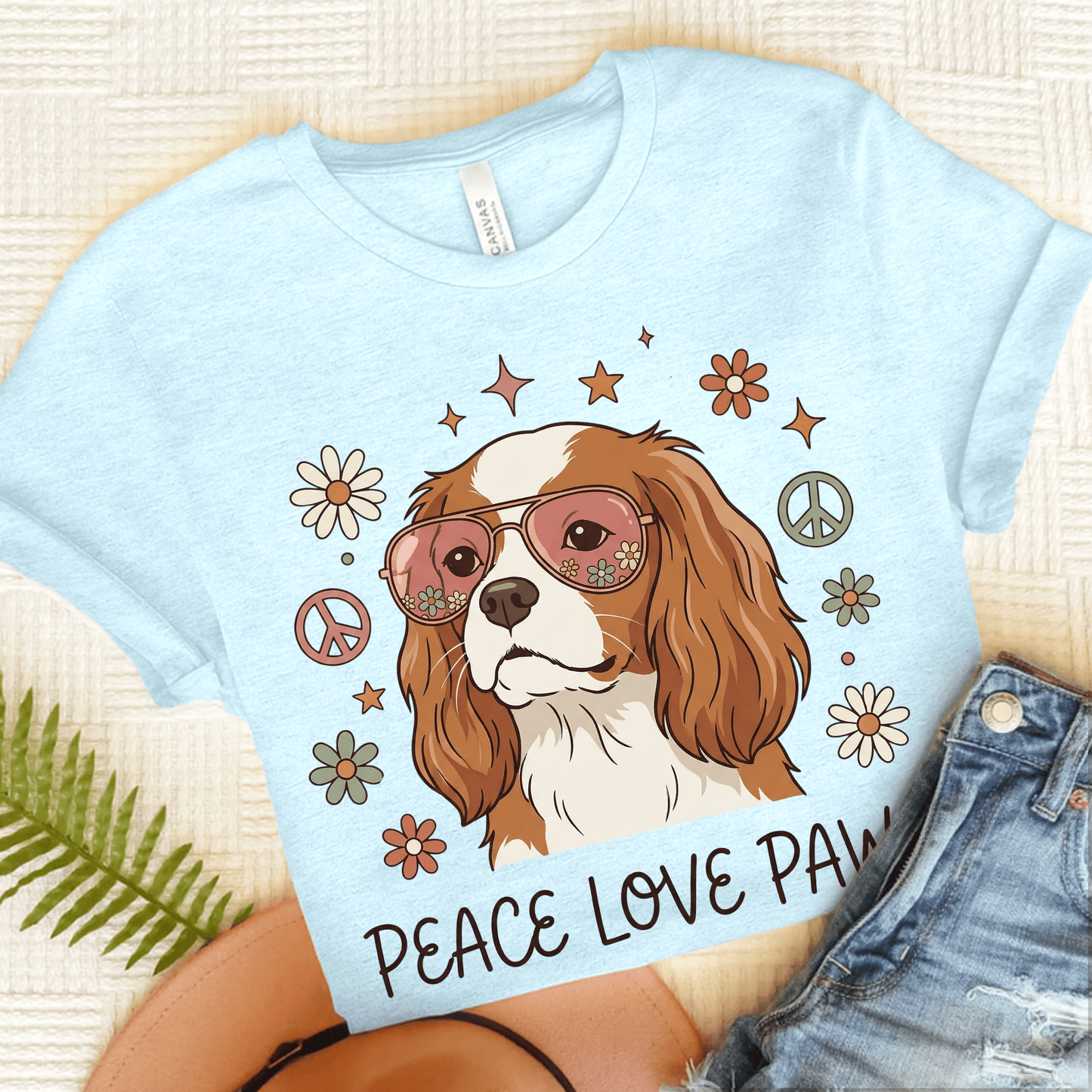 Personalized Cavalier Peace Paws Unisex Tshirt Heather Ice Blue