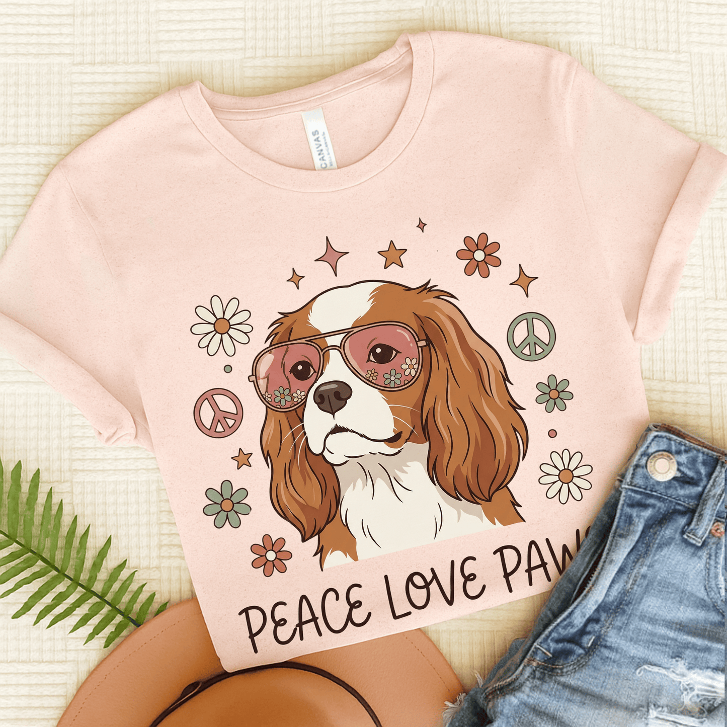 Personalized Cavalier Peace Paws Unisex Tshirt Soft Pink